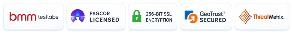 Certification and security: BMM Testlabs, PAGCOR licensed, 256-bit SSL encryption, GeoTrust secured, ThreatMetrix