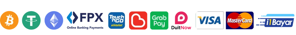 Payment methods: Bitcoin, USDT, Ethereum, FPX, Touch 'n Go, Boost, GrabPay, DuitNow, Visa, Mastercard